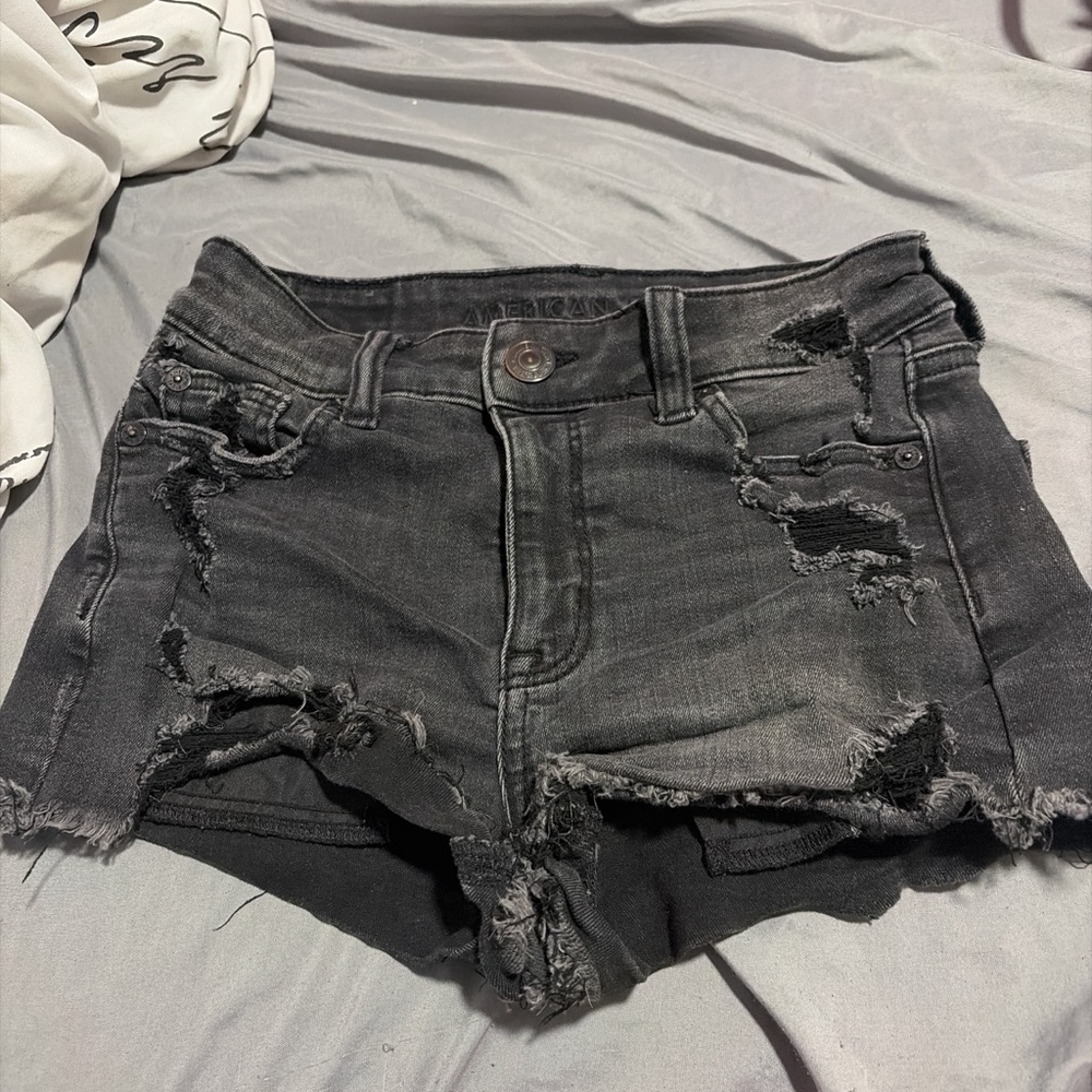 Distressed Black Denim Shorts